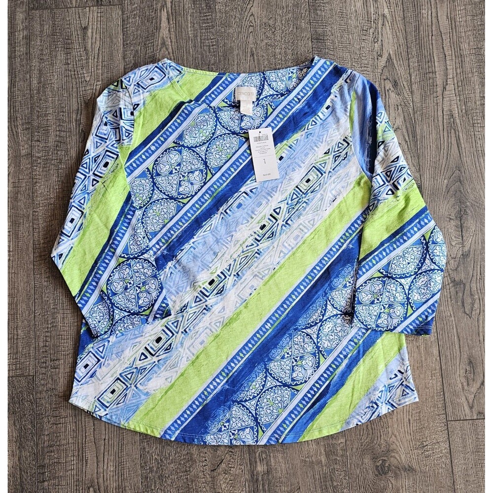 Chicos Tunic Top Size 1 US M Embroidered Colorful Lightweight 3/4 Sleeve Flowy